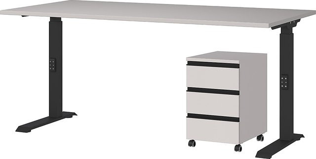 KADIMA DESIGN Büromöbel Set 2-teilig mit höhenverstellbarem Schreibtisch und Rollcontainer in Greige/Schwarz, B/T: 160 x 80 cm, Höhe: 68-91 cm - Bild 1
