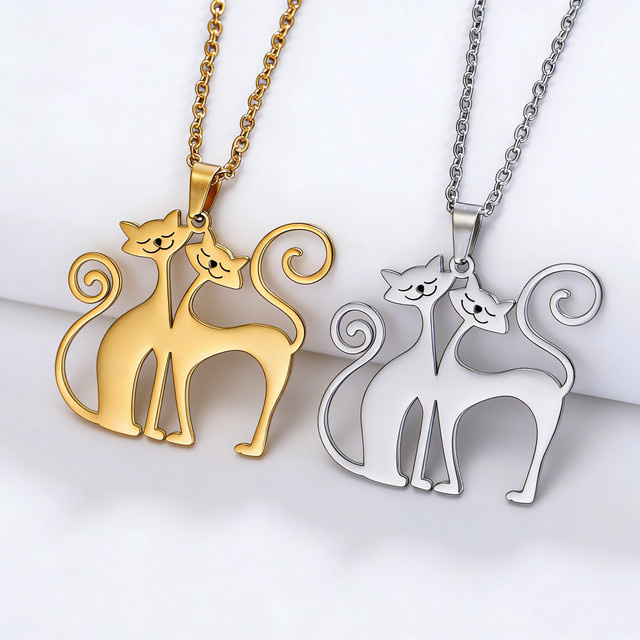 Lemegeton Katzen-Paar-Anhänger-Halskette, Edelstahl, Gold, Unisex - Bild 1