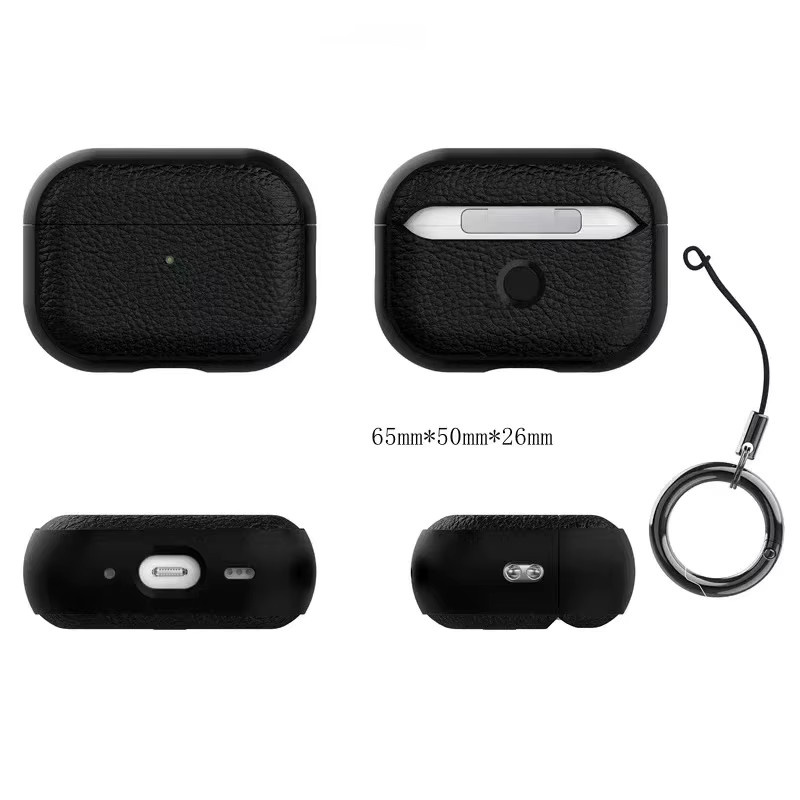 Leder-Textur Schutzhülle für Apple AirPods 1, 2, 3, 4 und AirPods Pro 1, 2 mit Anti-Verlust-Haken in Schwarz oder Orange - Bild 1