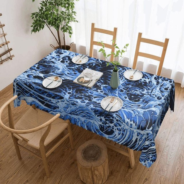 Wasserdichte Vintage Tischdecke mit Japanischem Wellen-Design in Blau, Rechteckig, B: 137 cm, T: 183 cm - Bild 1
