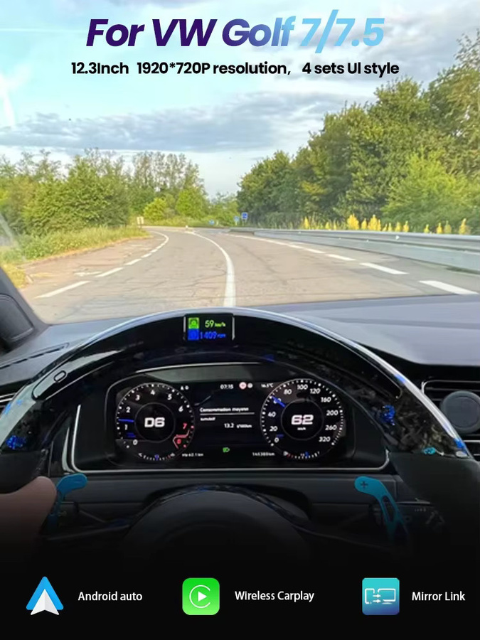 BONROAD Digital Dashboard Cluster 12,3 Zoll mit Wireless CarPlay und Android Auto für VW Golf 7 MK7 2013-2020 in Schwarz - Bild 5