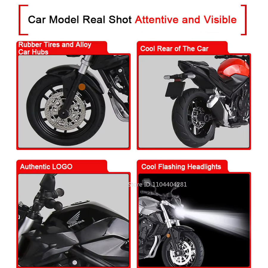 MAKEDA Honda CB400F CFMOTO 450SR Motorrad Modell, 1:12, Metall, mit Licht und Sound - Bild 3