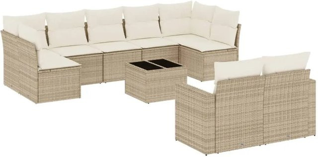 vidaXL 10-tlg. Garten-Sofagarnitur in U-Form aus Polyrattan mit Kissen in Beige-Creme - Bild 1