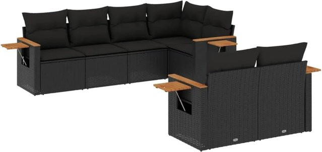 vidaXL 7-tlg. Garten-Sofagarnitur in L-Form aus Poly-Rattan und Akazienholz mit Kissen, Schwarz - Bild 1