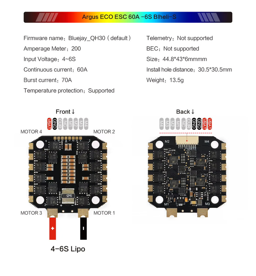 Axisflying Argus ECO 60A F405 Stack für FPV Freestyle Drohnen, Schwarz, 4-6S LIPO, UART 6 HD/Analog und GPS unterstützt - Bild 3