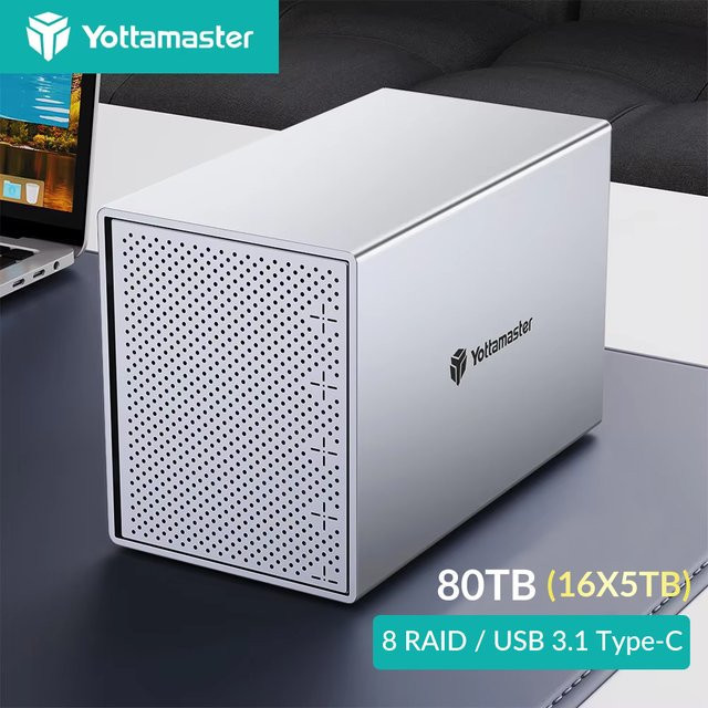 Yottamaster PS500R 5-Bay RAID Gehäuse aus Aluminium in Silber mit USB-C für 2,5 und 3,5 Zoll SATA HDD und SSD - Bild 1