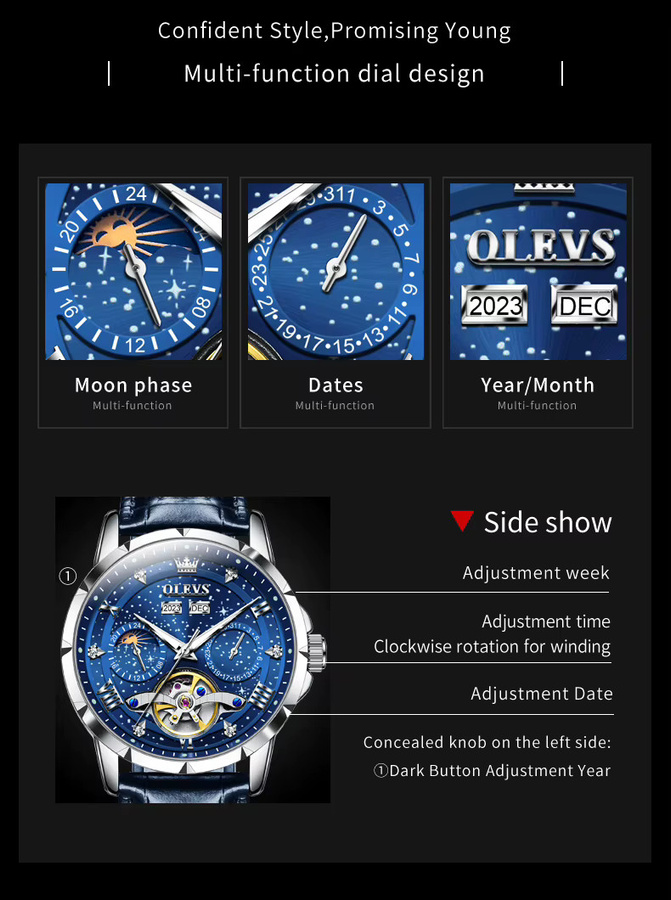 OLEVS Armbanduhr Automatik, Edelstahl, Blau, Leder, Herren - Bild 5