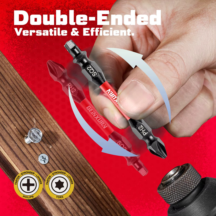 Geinxurn Impact Doppelend-Schraubendreher-Bit-Set aus S2-Stahl, PH2/SQ2, magnetisch, 2-seitig - Bild 3