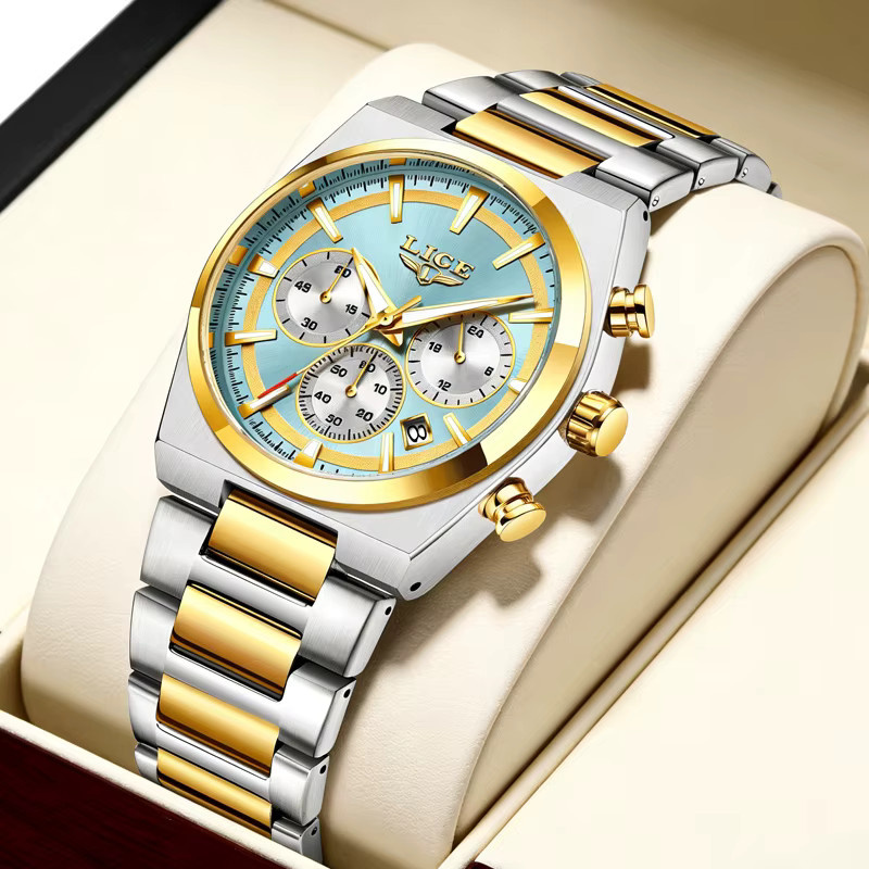 LIGE Armbanduhr Chronograph, Quarz, Edelstahl, Gold, Herren - Bild 2