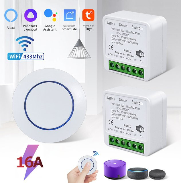 Tuya GGBEE WiFi Smart Switch 16A RF 433MHz Drahtloser Relais Empfänger Mini Runder Wandschalter in Weiß mit Sprachsteuerung für Alexa und Google Assistant - Bild 1