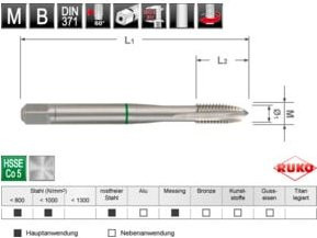 RUKO Maschinengewindebohrer M DIN 376 HSS Co 5 geschliffen M 12 in Silber - Bild 1
