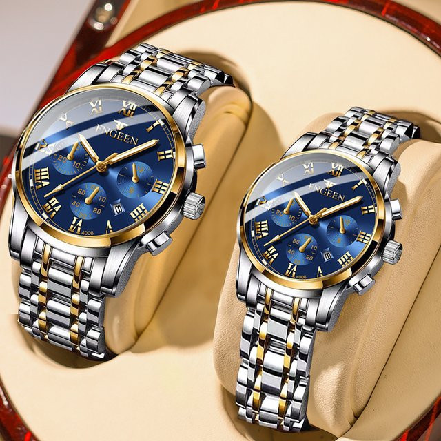 BINBOND Uhren-Set, Quarz, Edelstahl, Blau, Gold, Unisex - Bild 1