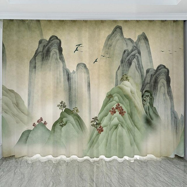 Yiran Furniture Vorhang mit chinesischer Landschaftsmalerei im Tuschestil, 2 Paneele, Beige, B/H: 100 x 130 cm - Bild 1
