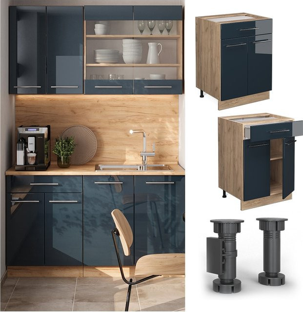 Vicco Küchenunterschrank Fame-Line in Dunkelblau Hochglanz und Eiche mit Schublade, Breite: 60 cm - Bild 1