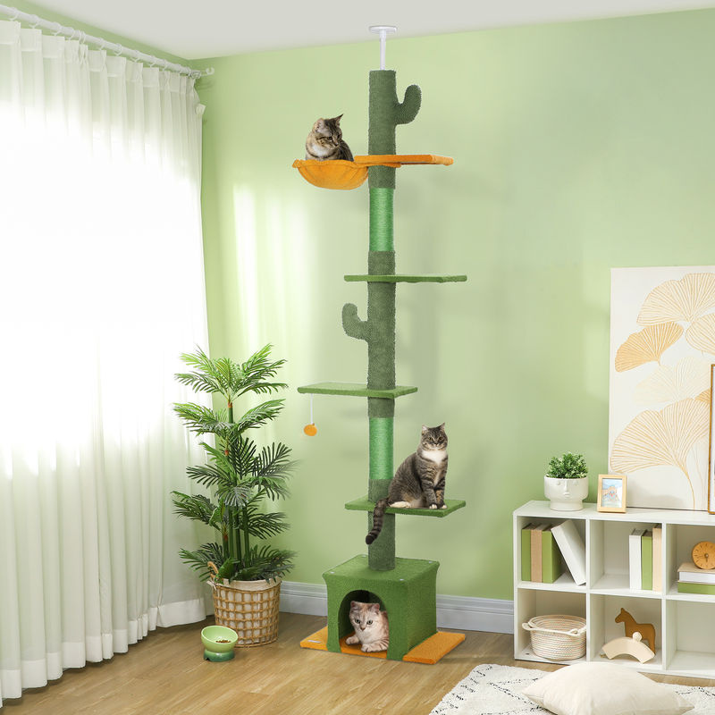 PawHut Deckenhoher Kratzbaum Grün mit Katzenhöhle, Hängematte und Spielzeug, B/T/H: 34 x 55 x 275 cm - Bild 2