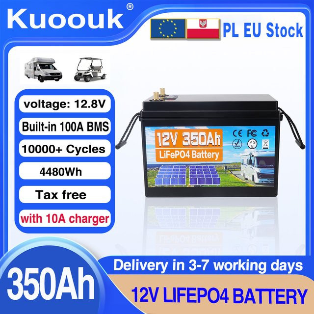 Kuoouk 12V 350Ah LiFePO4 Batterie 4480Wh Lithium-Eisenphosphat mit integriertem 100A BMS in Schwarz - Bild 1