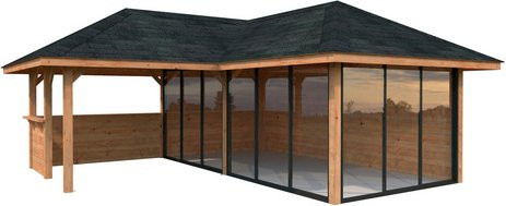 PALMAKO Pavillon Bianca Set 223 Slide aus Fichtenholz in Braun mit Alu-Schiebetüren und Eck-Tresenanlage, B/T/H: 588 x 588 x 319 cm - Bild 1