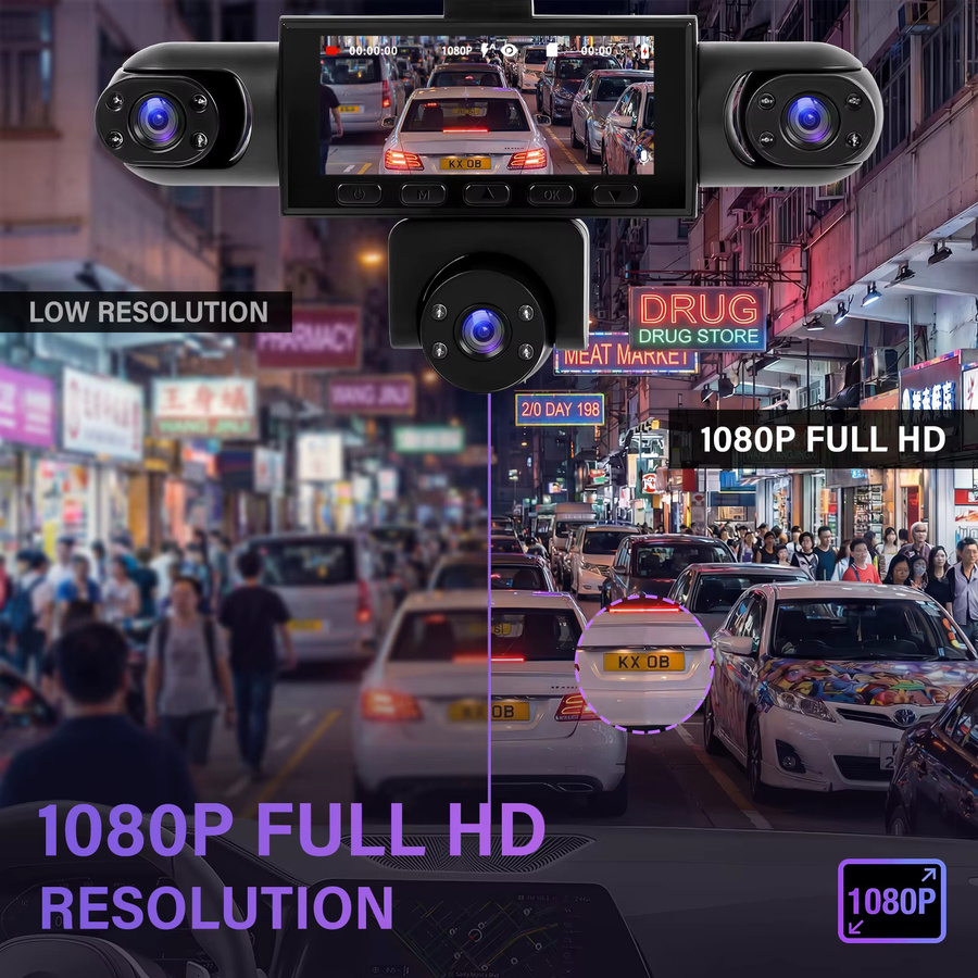 Podofo Dashcam mit 1080P Full HD, 360-Grad-Linsen, Nachtsicht und Einparkhilfe, Schwarz, inklusive 64GB Speicherkarte - Bild 5