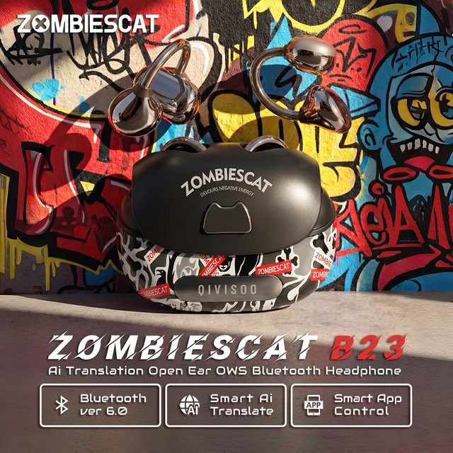 Zombies Cat B23 Graffiti Bluetooth 6.0 Ohrclip-Kopfhörer in Schwarz mit Echtzeit-KI-Übersetzung und OWS Kabellosem Design für die Smart-App - Bild 1