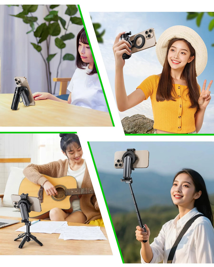 Eary Ausziehbarer Selfie-Stick Stativ mit Kabelloser Fernbedienung und Magnetischem Telefonhalter in Schwarz, 360 Grad Drehbarer Ständer für iPhone und Samsung - Bild 6