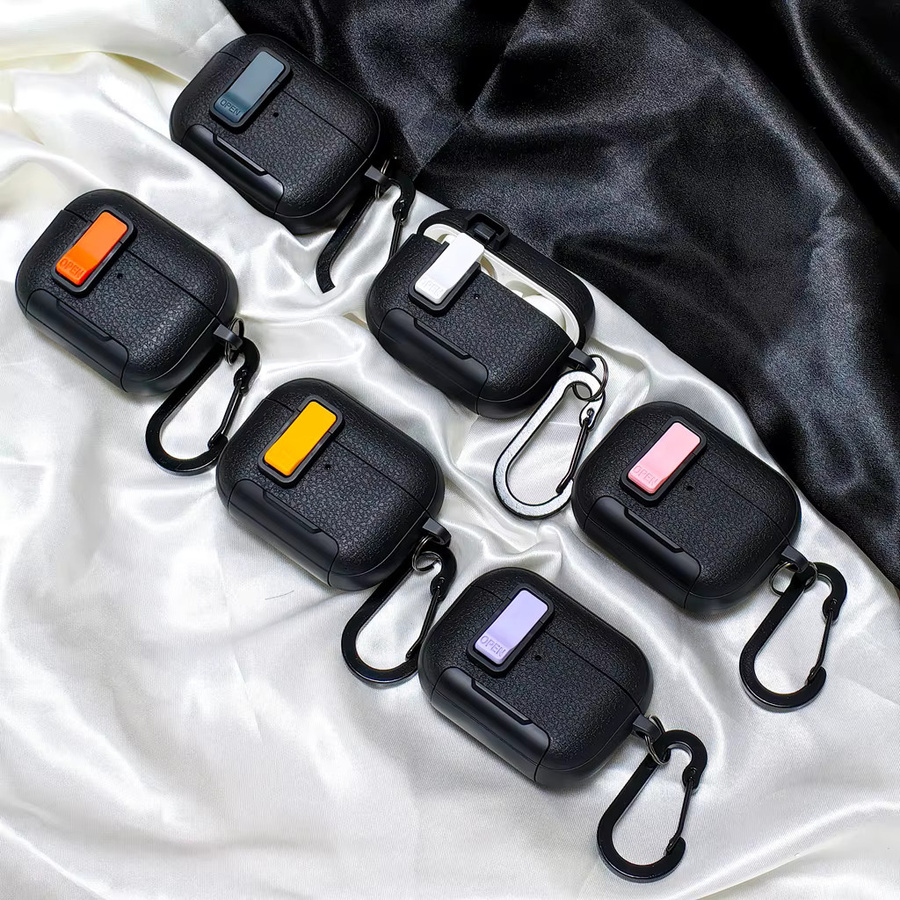 Schutzhülle mit Leder-Textur und Verriegelungsschalter für Apple AirPods 4, Pro 2 und Pro 3 in Schwarz und Grün - Bild 2