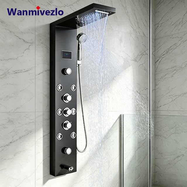 Wanmivezlo Duschsystem aus Edelstahl mit LED-Temperaturanzeige in Mattschwarz, Regenduschsäule mit Handbrause und Wannenauslauf zur Wandmontage - Bild 1