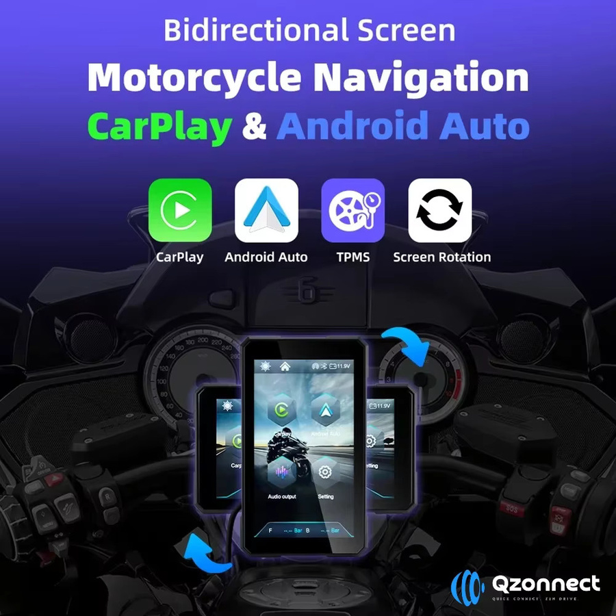 Qzonnect 5,0-Zoll Motorrad CarPlay Bildschirm in Schwarz mit kabellosem Android Auto und drehbarer Halterung für Quer- und Hochformat - Bild 2