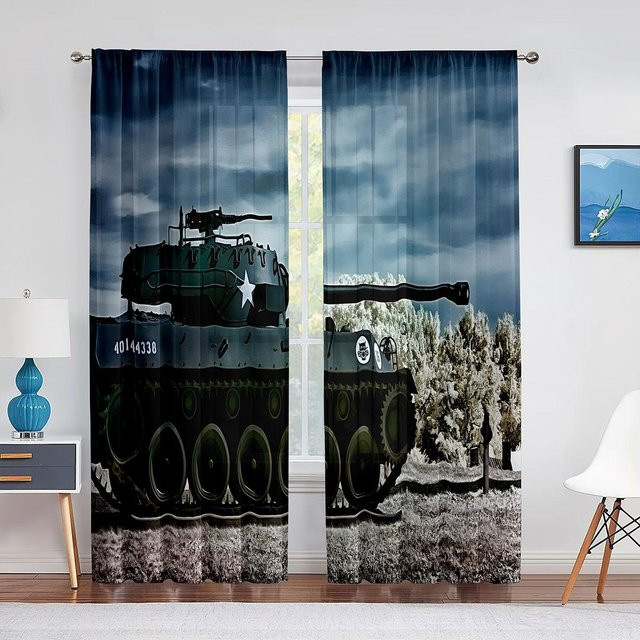 Binchi Transparentes Voile Tüll Vorhang mit Panzer Kanone Armee Auto Motiv in Grün, Breite: 100 cm, Höhe: 250 cm - Bild 1