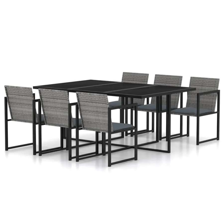 vidaXL 7-tlg Garten-Essgruppe aus Poly Rattan in Grau mit Kissen und Tisch aus gehärtetem Glas - Bild 2