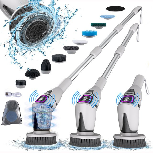 Multifunktionale elektrische Badezimmer-Reinigungsbürste von ragee, 10-in-1 kabelloser Schleuderschrubber für Haushalt, Küche und WC in Grau und Weiß - Bild 1