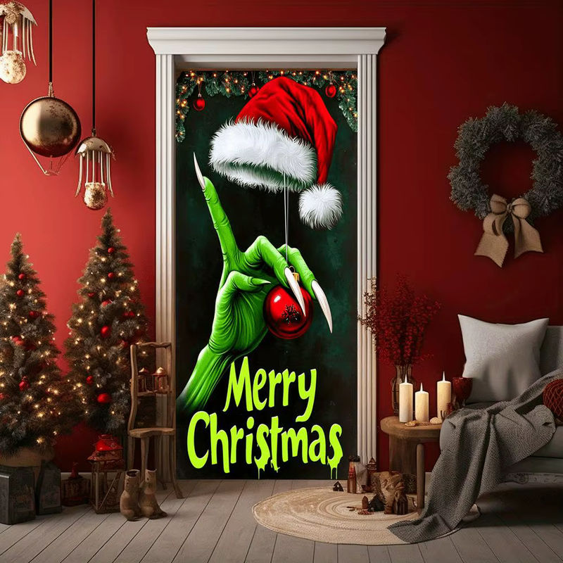 Weihnachts-Türdeko Frohe Weihnachten mit Elf-Motiv in Grün und Mehrfarbig, Vinyl-Hintergrund für Party und Veranda, B/H: 180 x 90 cm - Bild 4