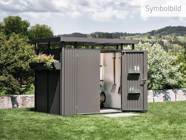 Biohort Gerätehaus HighLine H6 aus Metall in Dunkelgrau-Metallic mit Doppeltür und Flachdach, B/T/H: 314,3 x 314,3 x 221 cm - Bild 1