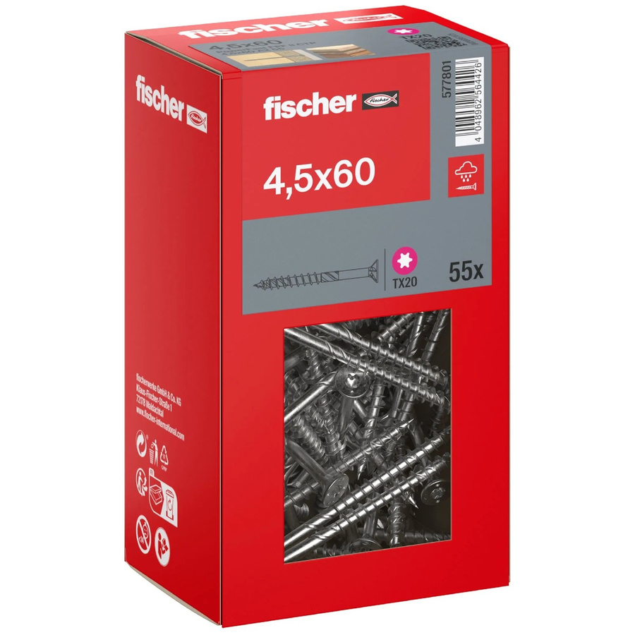 Fischer PowerFast II A2 Senkkopf Teilgewinde Schraube mit Torx-Antrieb aus Edelstahl in Silber, Durchmesser: 4,5 mm, Länge: 60 mm, 55 Stück - Bild 2