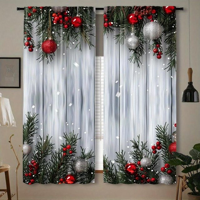 2er-Set Weihnachts- und Grünkiefer-Druckvorhänge aus Polyester, halbtransparent, mehrfarbig, B: 50 cm, H: 160 cm - Bild 1