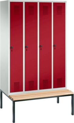 C + P Garderobenspind Evolo S 3000 aus Stahl mit integrierter Sitzbank, 4 Abteile mit je 300 mm Breite und Sicherheitsdrehriegelverschluss, Lichtgrau RAL 7035 und Rubinrot RAL 3003 - Bild 1
