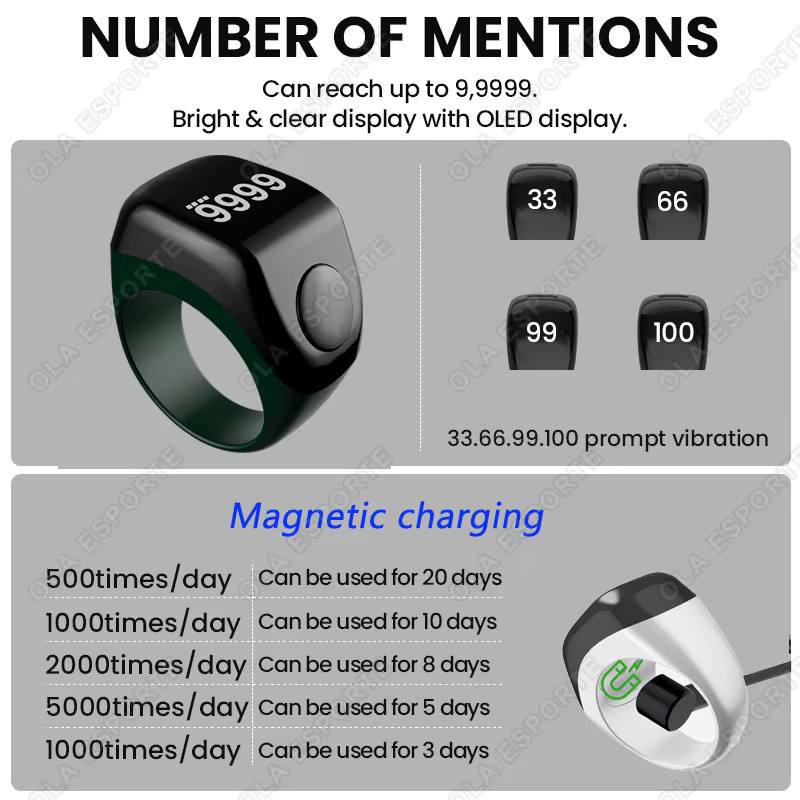 Ola Esporte Smarter APP-Zählring Digitaler Tasbih Zikr Ring mit Bluetooth und Zeiterinnerung in Schwarz - Bild 3