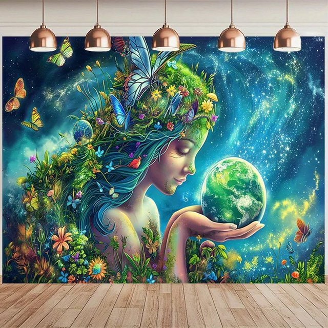 VIKAMA Wandteppich Erde-Göttin mit mystischem Gaia-Motiv in Grün und Multicolour, Wandbehang im Boho-Stil, Breite: 60 cm, Höhe: 40 cm - Bild 1