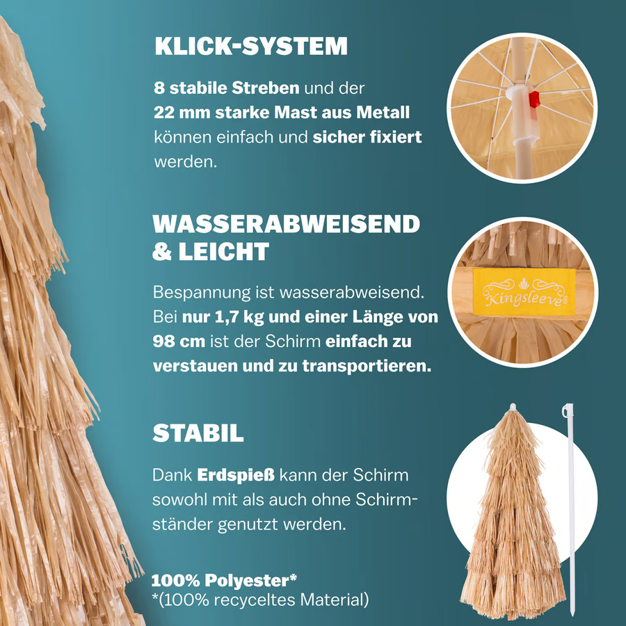 KINGSLEEVE Sonnenschirm Hawaii in Beige mit UV-Schutz 30+ Durchmesser: 160 cm - Bild 2