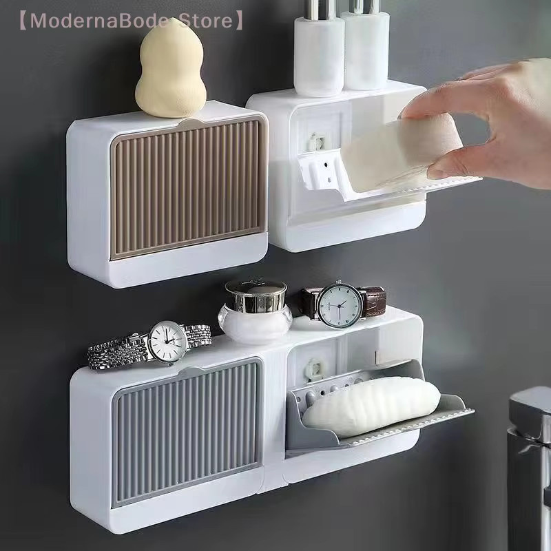 Hoeaden Badezimmer-Aufbewahrungsbox zur Wandmontage mit Doppelgitter-Abtropffunktion, Weiß, Kunststoff - Bild 3