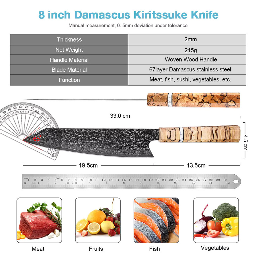 XITUO Kiritsuke Kochmesser mit Damaststahlklinge und achteckigem Holzgriff, 20,3 cm - Bild 2