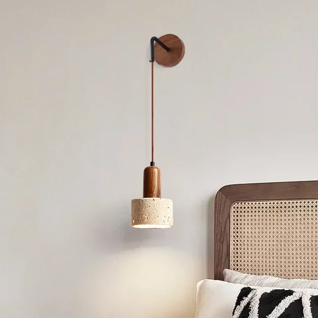 Wabi Sabi LED Wandleuchte aus Naturstein und Holz in Pfirsich und Beige für Schlafzimmer und Retro-Dekoration - Bild 1