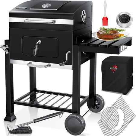 KESSER Grillwagen XXL Holzkohlegrill in Schwarz mit Deckel, Thermometer und emailliertem Grillrost