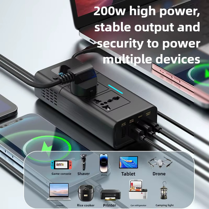 Auto Inverter DC12V zu AC220V 200W mit PD, QC3.0 und 2 USB Ports, Schnellladegerät für das Auto in Schwarz - Bild 3