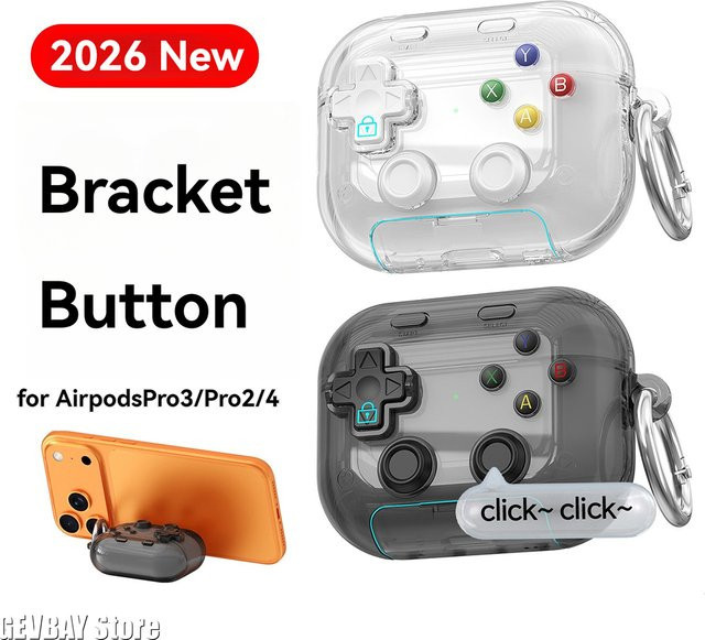 MeRealer Schutzhülle im 3D-Druckknopf-Spielcontroller-Design für Apple AirPods Pro, Pro 2, Pro 3 und Pro 4 mit Handyhalter-Funktion, transparent - Bild 1