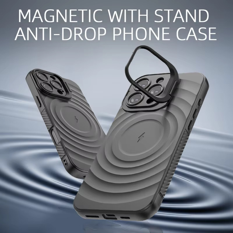 Matte Ripple Armor Handyhülle für iPhone 17 Air 16 Plus 15 14 13 Pro Max mit MagSafe und magnetischem Kamera-Klappständer in Schwarz oder Rot - Bild 2