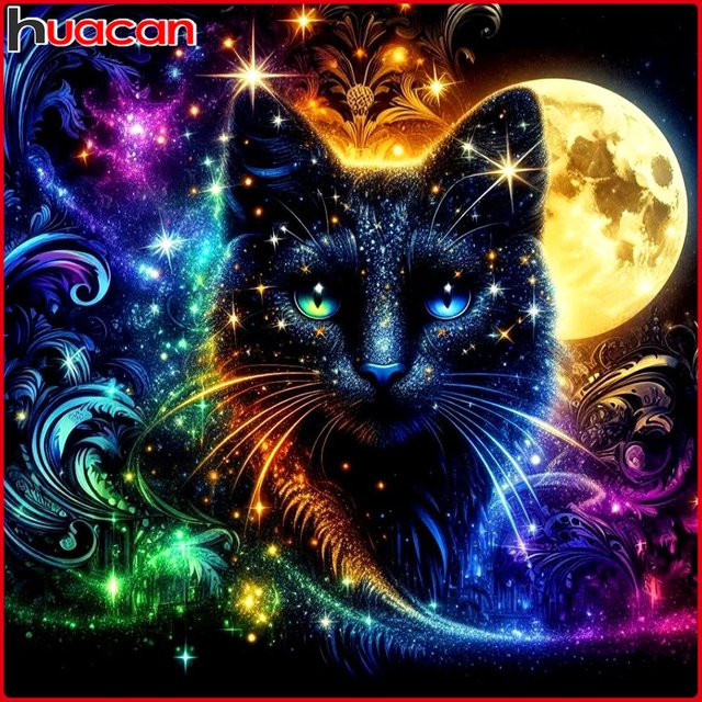 Huacan Volldiamantgemälde Schwarze Katze und Mond Diamantmosaik Tierlandschaft in Schwarz und Multicolour B/H/T: 20 x 20 x 20 cm - Bild 1