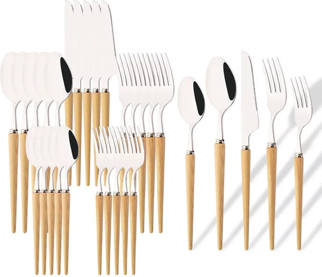 30-teiliges Edelstahl Besteckset von Uniturcky in Silber mit gelben Akzenten, bestehend aus Messern, Gabeln und Löffeln für den professionellen Einsatz - Bild 1