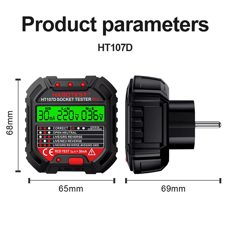 HABOTEST Socket Tester Pro Digitaler Steckdosentester zur Prüfung von Spannung, Erdung, Nullleiter und Polarität in Schwarz - Bild 2