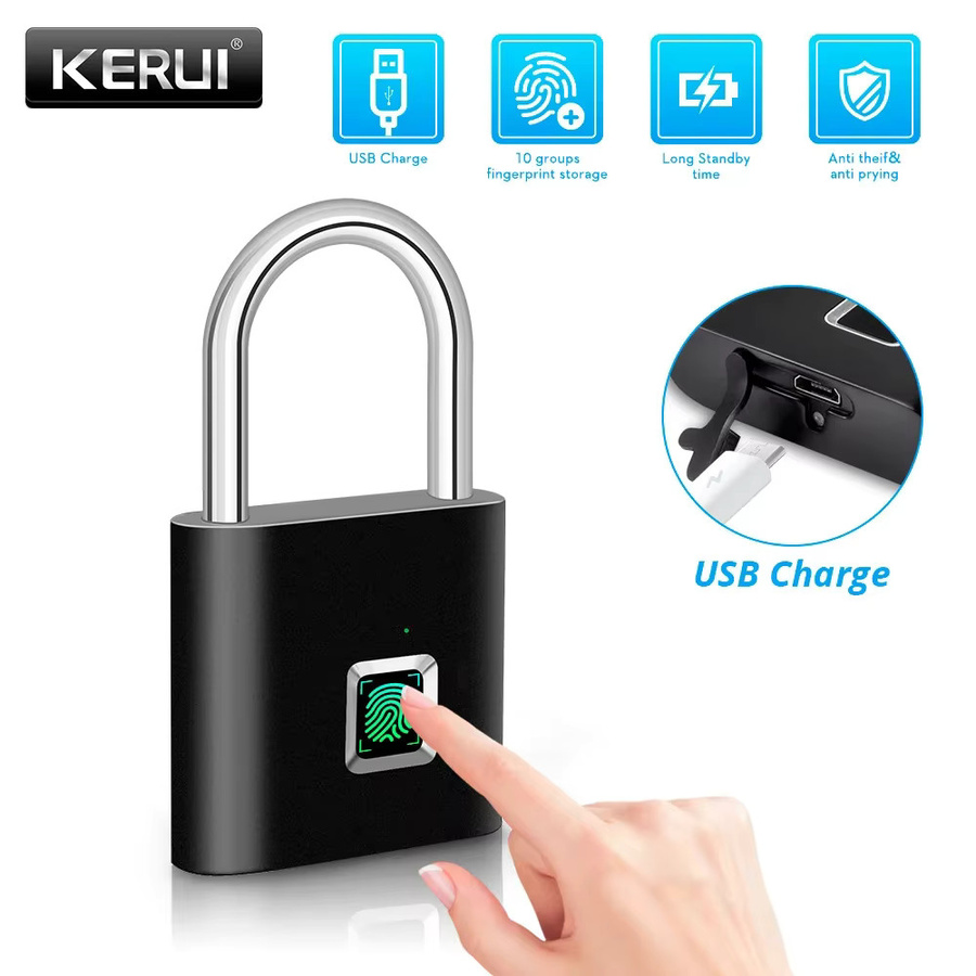 KERUI Intelligentes Fingerabdruck-Vorhängeschloss in Schwarz, wasserdichtes schlüsselloses USB-Sicherheitsvorhängeschloss mit wiederaufladbarem Akku - Bild 2