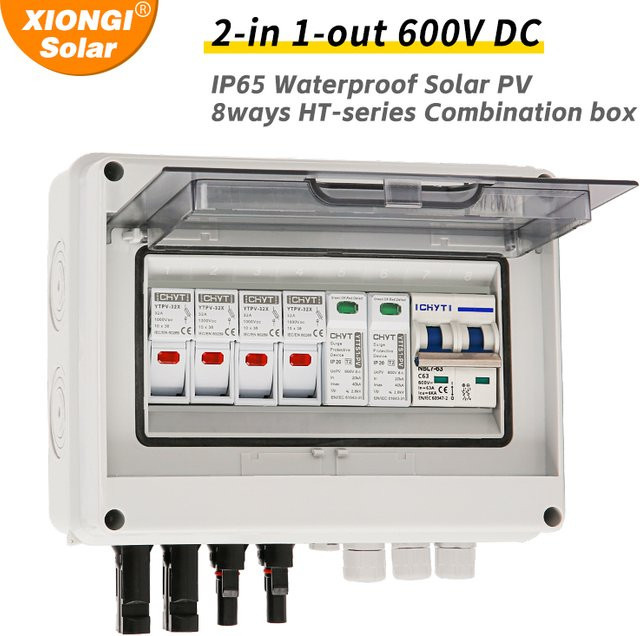 XIONGISOLAR Solar-Photovoltaik-PV-Kombinatorbox mit Blitzschutz, 2 Eingänge, 1 Ausgang, DC 600 V, Sicherung, MCB, SPD, wasserdichte Box IP65, Weiß - Bild 1